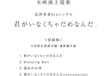 本映画主題歌
花澤香菜8thシングル
「君がいなくちゃだめなんだ」
＜収録曲＞※初回生産限定盤・通常盤共通
1　君がいなくちゃだめなんだ
2　Blessing Bell
3　運命の女神
4　君がいなくちゃだめなんだ(Instrumental)